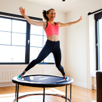 **

Prompt: A smiling woman in her 30s playfully rebounding on a mini-trampoline in a bright, modern living room. She's wearing athletic wear and earbuds, and the sunlight streams in through a large window. Focus on the joy and energy of the activity. Shallow depth of field, bokeh effect.

**