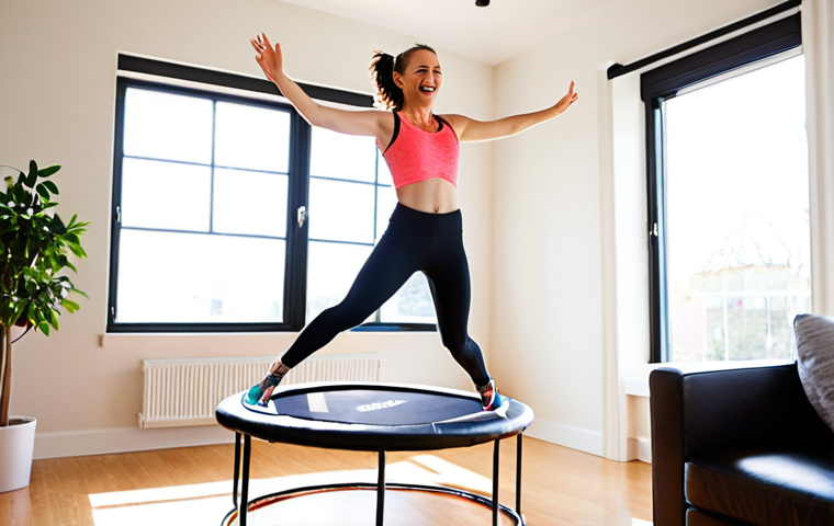 **
Prompt: A smiling woman in her 30s playfully rebounding on a mini-trampoline in a bright, modern living room. She's wearing athletic wear and earbuds, and the sunlight streams in through a large window. Focus on the joy and energy of the activity. Shallow depth of field, bokeh effect.
**