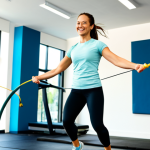 Jump Rope Workout**
"A woman in athletic wear (leggings, t-shirt, athletic shoes, fully clothed, appropriate attire) is jumping rope in a bright, modern gym. She is smiling and appears energetic. Background includes other people working out, gym equipment. Action shot. Safe for work. Perfect anatomy, correct proportions, well-formed hands, natural body proportions. High quality, professional photography, sharp focus, modest, family-friendly."
**