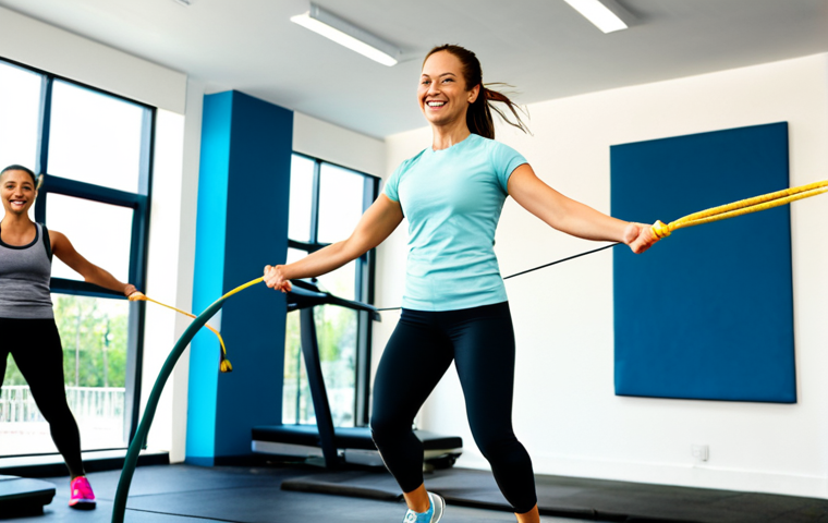Jump Rope Workout**
"A woman in athletic wear (leggings, t-shirt, athletic shoes, fully clothed, appropriate attire) is jumping rope in a bright, modern gym. She is smiling and appears energetic. Background includes other people working out, gym equipment. Action shot. Safe for work. Perfect anatomy, correct proportions, well-formed hands, natural body proportions. High quality, professional photography, sharp focus, modest, family-friendly."
**