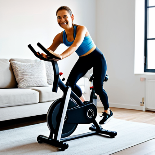 Home 25 Foldable Bike Storage**
"A fully clothed young woman in athletic wear, modestly smiling, easily folding a compact exercise bike in a modern, minimalist apartment living room, safe for work, appropriate content, natural pose, perfect anatomy, high resolution, professional photography, family-friendly."
**