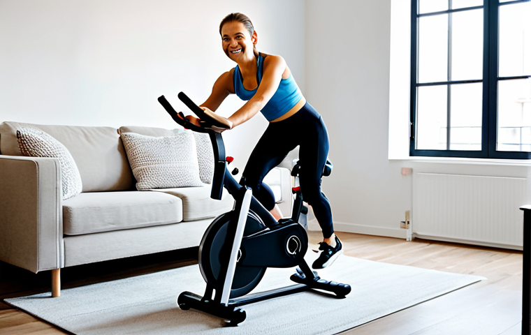 Foldable Bike Storage**
"A fully clothed young woman in athletic wear, modestly smiling, easily folding a compact exercise bike in a modern, minimalist apartment living room, safe for work, appropriate content, natural pose, perfect anatomy, high resolution, professional photography, family-friendly."
**