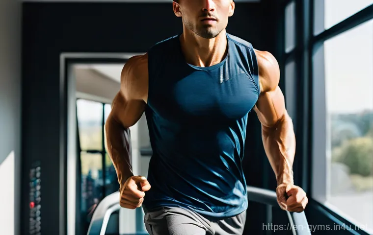 수동형 러닝머신의 특징과 사용법 - **Prompt:** A fit male runner, mid-20s, with short, neat hair, demonstrating perfect running form on...